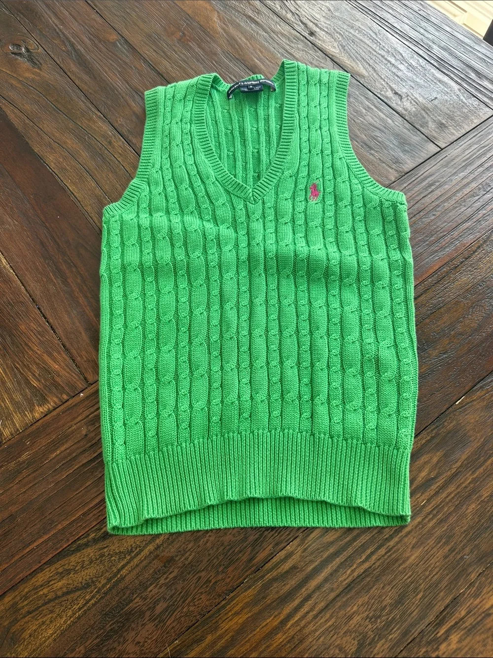Ralph Lauren Kelly Green Cable Knit V-Neck Vest with Pink Pony - Picture 1 of 3